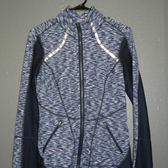 Zella Women Navy Blue Heather Zip Up Fitted Workout Thumbhole Jacket Size Medium - Picture 2 of 8
